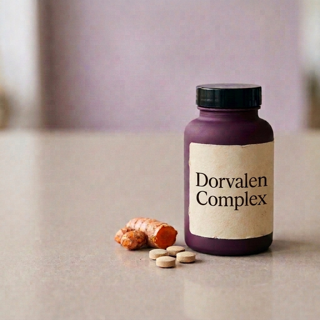Envase de Dorvalen Complex sobre una superficie clara