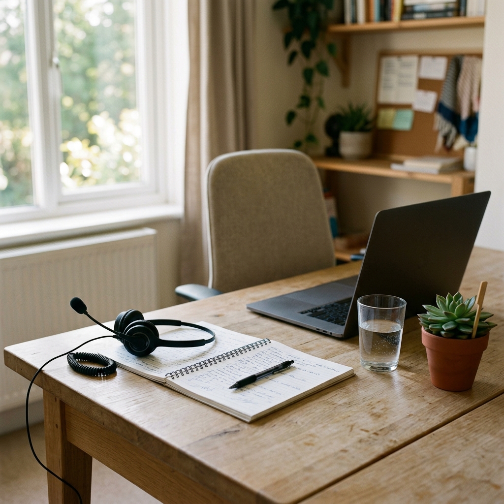 Puesto de atención al cliente con auriculares y cuaderno